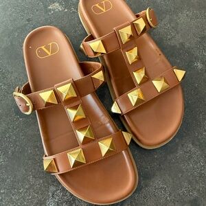 Valentino Garavani Roman Tan Sandals with Gold Accents